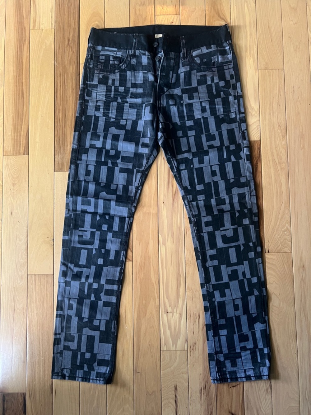 True Religion Jeans 32x32 Men’s Black Gray Logo Print Slim Straight Denim